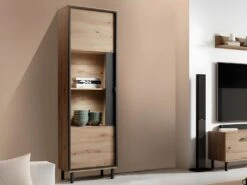 Vitrine BAYORI - 1 Porte - Avec LEDs - Chêne Et Anthracite