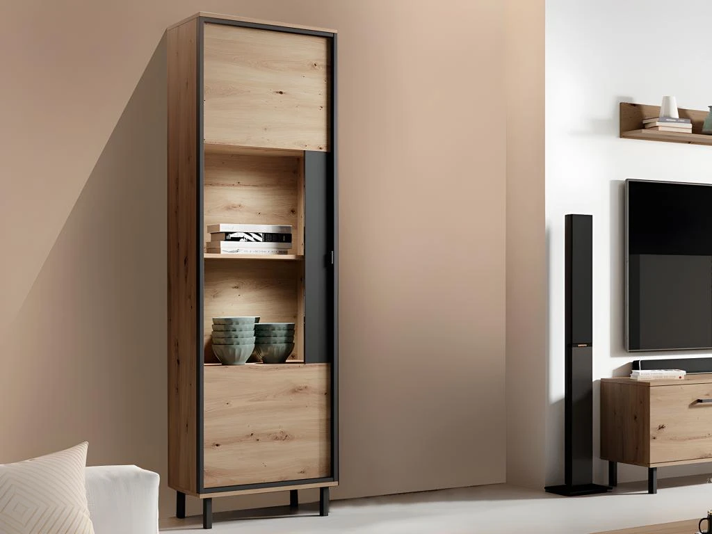 Vitrine BAYORI - 1 Porte - Avec LEDs - Chêne Et Anthracite 1 Vitrine BAYORI - 1 Porte - Avec LEDs - Chêne Et Anthracite