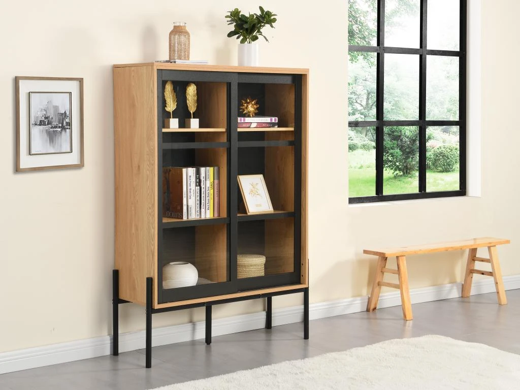 Vitrine Avec 2 Portes Coulissantes - Naturel Clair Et Noir - MEMPHIS II 1 Vitrine Avec 2 Portes Coulissantes - Naturel Clair Et Noir - MEMPHIS II