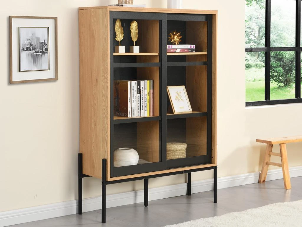 Vitrine Avec 2 Portes Coulissantes - Naturel Clair Et Noir - MEMPHIS II 2 Vitrine Avec 2 Portes Coulissantes - Naturel Clair Et Noir - MEMPHIS II – Image 2