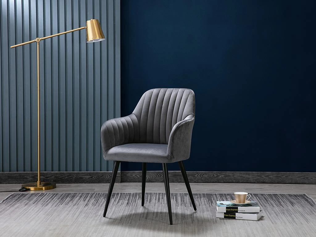 Lot De 6 Chaises Avec Accoudoirs En Velours Et Métal Noir - Gris - ELEANA 2 Lot De 6 Chaises Avec Accoudoirs En Velours Et Métal Noir - Gris - ELEANA – Image 2