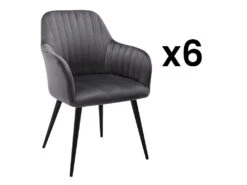 Lot De 6 Chaises Avec Accoudoirs En Velours Et Métal Noir - Gris - ELEANA