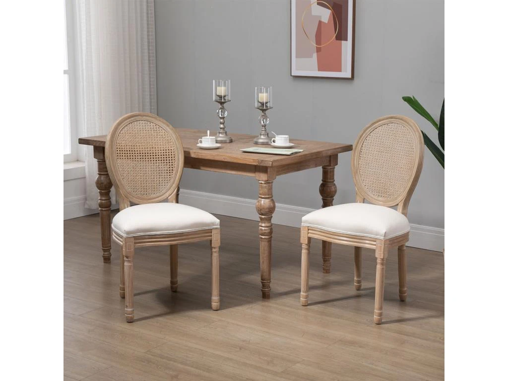 Lot De 2 Chaises De Salle à Manger - Chaise De Salon Médaillon Style Louis XVI - Bois Massif Sculpté, Patiné - Dossier Cannage - Aspect Lin Beige 1 Lot De 2 Chaises De Salle à Manger - Chaise De Salon Médaillon Style Louis XVI - Bois Massif Sculpté, Patiné - Dossier Cannage - Aspect Lin Beige