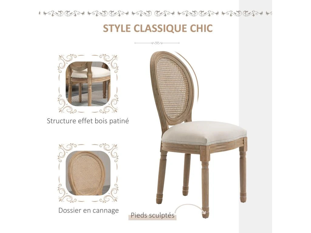 Lot De 2 Chaises De Salle à Manger - Chaise De Salon Médaillon Style Louis XVI - Bois Massif Sculpté, Patiné - Dossier Cannage - Aspect Lin Beige 4 Lot De 2 Chaises De Salle à Manger - Chaise De Salon Médaillon Style Louis XVI - Bois Massif Sculpté, Patiné - Dossier Cannage - Aspect Lin Beige – Image 4