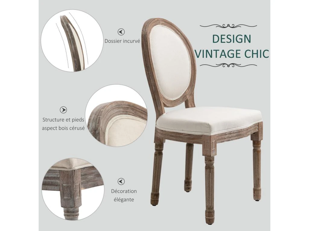 Lot De 2 Chaises De Salle à Manger Chaise De Salon Médaillon Style Louis XVI Bois Massif Patiné Lin 51 X 51 X 96 Cm écru 4 Lot De 2 Chaises De Salle à Manger Chaise De Salon Médaillon Style Louis XVI Bois Massif Patiné Lin 51 X 51 X 96 Cm écru – Image 4