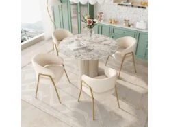 Lot De 4 Chaises - Tissu En Sherpa - Pieds Dorés - Beige