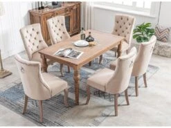 Lot De 6 Chaises De Salle à Manger En Velours - Matelassage De Boutons - Beige