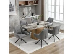 Lot De 6 Chaises En Velours Et Similicuir - Pieds En Métal - Gris