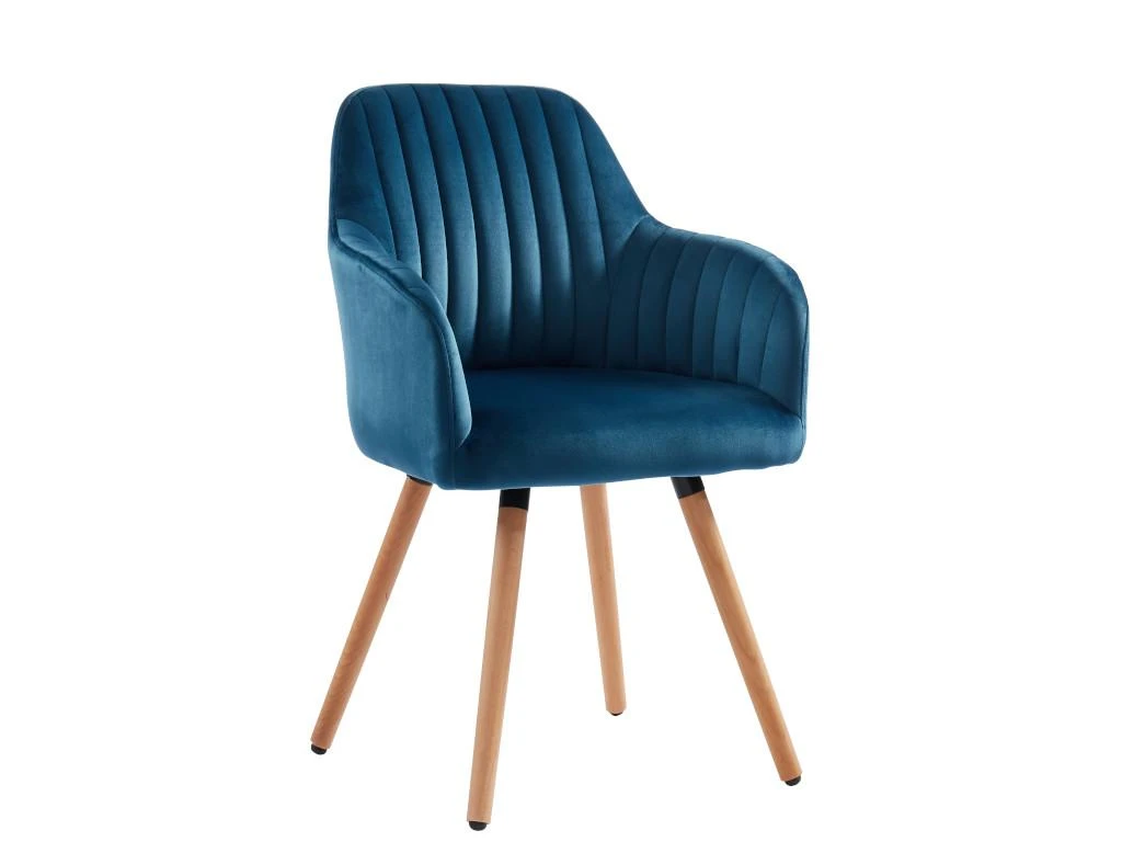 Chaise Avec Accoudoirs - Velours Et Métal Effet Bois - Bleu - ELEANA 1 Chaise Avec Accoudoirs - Velours Et Métal Effet Bois - Bleu - ELEANA