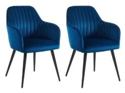 Lot De 2 Chaises Avec Accoudoirs En Velours Et Métal Noir - Bleu - ELEANA