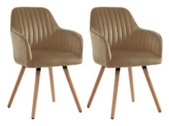 Lot De 2 Chaises Avec Accoudoirs ELEANA - Velours Et Métal Effet Bois - Beige