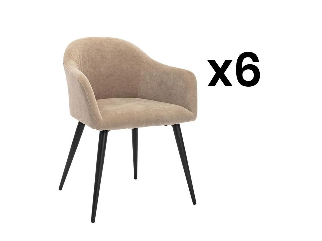 Lot De 6 Chaises BIBO - Avec Accoudoirs - Effet Velours & Métal - Beige 1 Lot De 6 Chaises BIBO - Avec Accoudoirs - Effet Velours & Métal - Beige