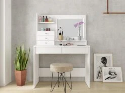 Coiffeuse GIULIANA - Miroir à LEDs Et Rangements - Blanc