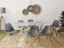 Ensemble Table + 6 Chaises - Blanc, Gris Et Naturel Clair - SERANI