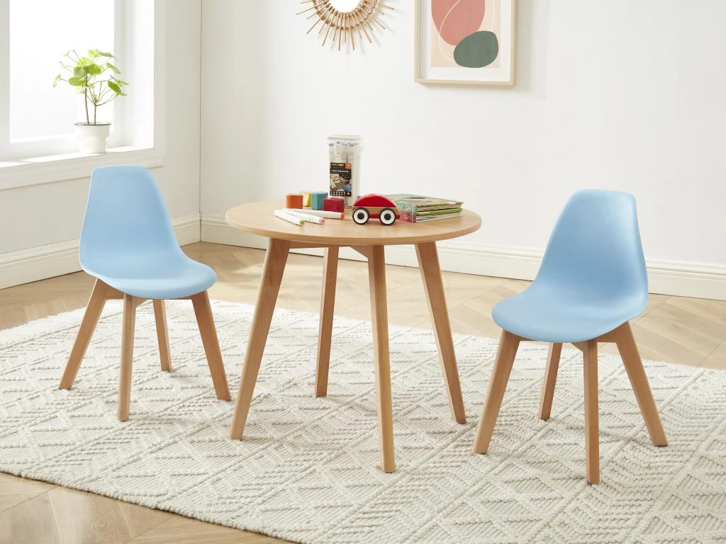Ensemble Table Enfant LOULOUNE + 2 Chaises LILINOU - Naturel Et Bleu 1 Ensemble Table Enfant LOULOUNE + 2 Chaises LILINOU - Naturel Et Bleu