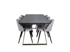 EstelleBLBR Ensemble Table, Table Noir, Marbre Et 6 Velvet Chaises Grisclair, Noir.