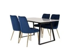 Estelle Ensemble Table, Table Marbre Blanc Et 4 Velvet Deluxe Chaises Velours Bleu, Laiton Décor.