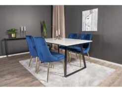 Estelle Ensemble Table, Table Marbre Blanc Et 4 Velvet Deluxe Chaises Velours Bleu, Laiton Décor. -Fren Soldes Boutique ensemble table et chaise 22197409