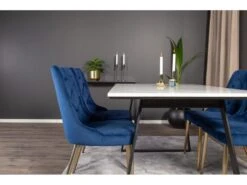 Estelle Ensemble Table, Table Marbre Blanc Et 4 Velvet Deluxe Chaises Velours Bleu, Laiton Décor. -Fren Soldes Boutique ensemble table et chaise 22197411