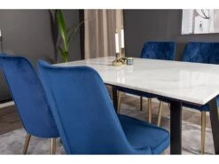 Estelle Ensemble Table, Table Marbre Blanc Et 4 Velvet Deluxe Chaises Velours Bleu, Laiton Décor. -Fren Soldes Boutique ensemble table et chaise 22197413