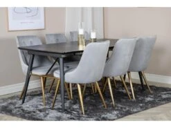 Gold Ensemble Table, Table Extensible Longueur Cm180 / 220 Noir Et 6 Velvet Deluxe Chaises Velours Grisclair, Laiton Décor. -Fren Soldes Boutique ensemble table et chaise 22198139