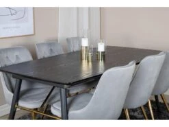 Gold Ensemble Table, Table Extensible Longueur Cm180 / 220 Noir Et 6 Velvet Deluxe Chaises Velours Grisclair, Laiton Décor. -Fren Soldes Boutique ensemble table et chaise 22198143