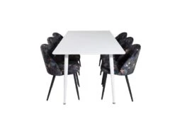 Polar180X90WHWH Ensemble Table, Table Blanc Et 6 Velvet Chaises Velours Fleuri.