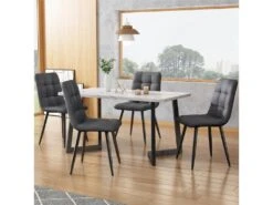 Ensemble Table Et 4 Chaises - Table Noire 117x68cm - Structure En Métal - Chaise En Lin Gris