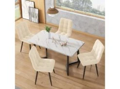 Ensemble Table Et 4 Chaises - Table Noire 117x68cm - Structure En Métal - Chaise En Velours Beige