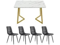 Ensemble Table Et 4 Chaises - Table Dorée 117x68cm - Structure En Métal - Chaise En Velours Gris -Fren Soldes Boutique ensemble table et chaise 22720833