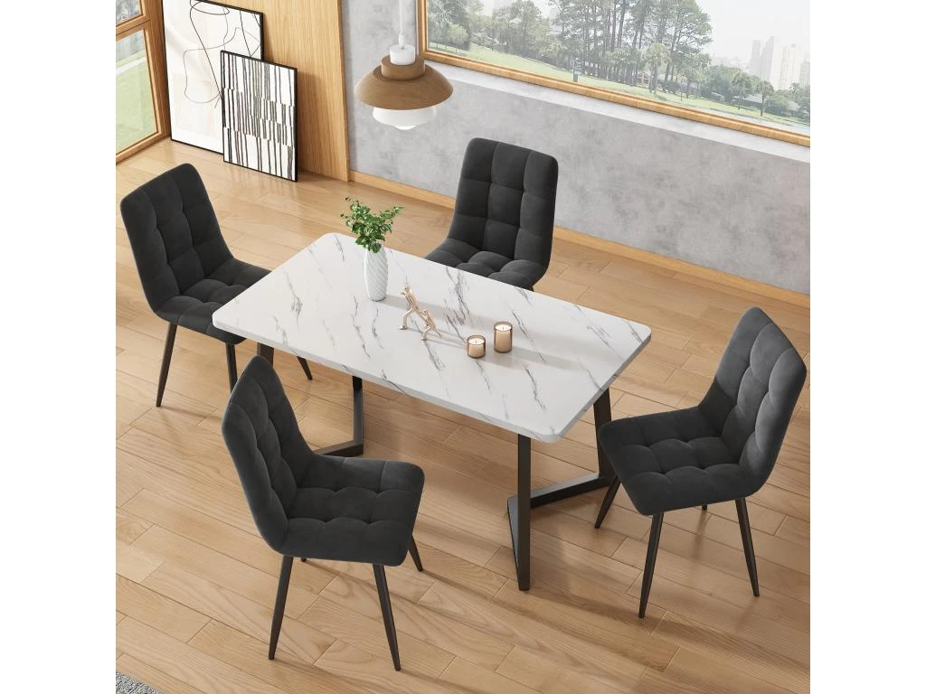 Ensemble Table Et 4 Chaises - Table Noire 117x68cm - Structure En Métal - Chaise En Velours Gris 1 Ensemble Table Et 4 Chaises - Table Noire 117x68cm - Structure En Métal - Chaise En Velours Gris