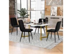 Ensemble Table Et 4 Chaises - Table Dorée 117x68cm - Structure En Métal - Chaise En Velours Noir