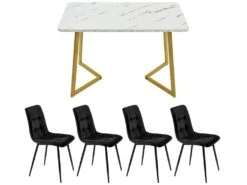 Ensemble Table Et 4 Chaises - Table Dorée 117x68cm - Structure En Métal - Chaise En Velours Noir -Fren Soldes Boutique ensemble table et chaise 22720903