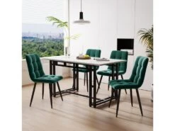 Ensemble Table Et 4 Chaises - Table Noire 120x70cm - Structure En Métal - Chaise En Velours Vert