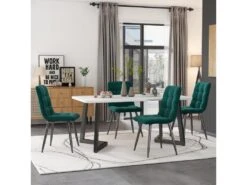 Ensemble Table Et 4 Chaises - Table Noire 117x68cm - Structure En Métal - Chaise En Velours Vert