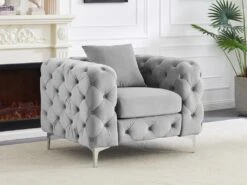 Fauteuil Chesterfield En Velours Gris Clair EDWINA