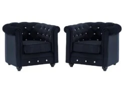 Lot De 2 Fauteuils CHESTERFIELD - Velours Noir Et Boutons Effet Cristal