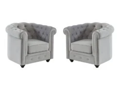 Lot De 2 Fauteuils CHESTERFIELD - Velours Gris Clair