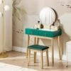 Coiffeuse Avec Miroir à LED Et Tabouret Vert Et Doré FEDRY