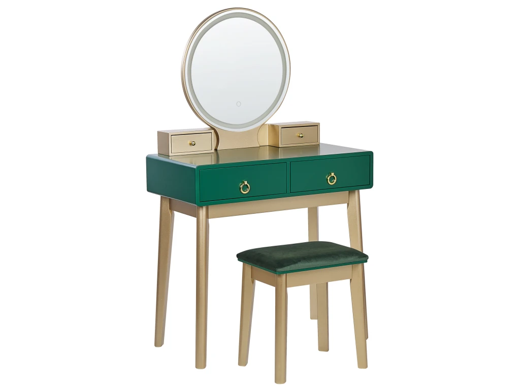 Coiffeuse Avec Miroir à LED Et Tabouret Vert Et Doré FEDRY 2 Coiffeuse Avec Miroir à LED Et Tabouret Vert Et Doré FEDRY – Image 2