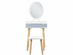 Coiffeuse Blanc Et Gris Avec 1 Tiroir Un Miroir à LED Et Un Tabouret VESOUL -Fren Soldes Boutique meuble coiffeuse 18218761