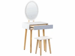 Coiffeuse Blanc Et Gris Avec 1 Tiroir Un Miroir à LED Et Un Tabouret VESOUL -Fren Soldes Boutique meuble coiffeuse 18218765