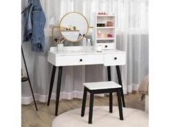 Coiffeuse Avec Tabouret Miroir Rond Doré Style Néo-rétro - 3 Tiroirs, 3 étagères - Piètement Hévéa Noir Panneaux Particules Blanc