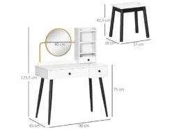 Coiffeuse Avec Tabouret Miroir Rond Doré Style Néo-rétro - 3 Tiroirs, 3 étagères - Piètement Hévéa Noir Panneaux Particules Blanc -Fren Soldes Boutique meuble coiffeuse 19046055