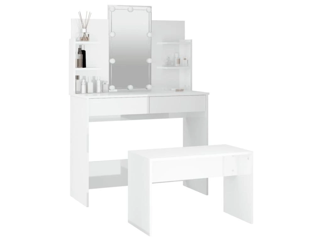 Ensemble De Coiffeuse 96 X 40 X 142 Cm Avec Led Blanc Brillant Bois D'ingénierie 02_0006247 2 Ensemble De Coiffeuse 96 X 40 X 142 Cm Avec Led Blanc Brillant Bois D'ingénierie 02_0006247 – Image 2