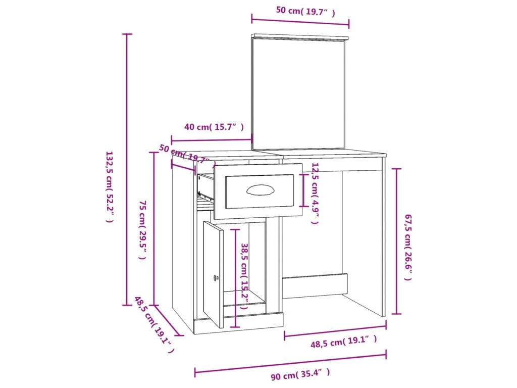 Coiffeuse Table De Maquillage Design Meuble Mobilier De Chambre Et Miroir 90 X 50 X 132,5 Cm Bois D'ingénierie Chêne Fumé 02_0006409 5 Coiffeuse Table De Maquillage Design Meuble Mobilier De Chambre Et Miroir 90 X 50 X 132,5 Cm Bois D'ingénierie Chêne Fumé 02_0006409 – Image 5