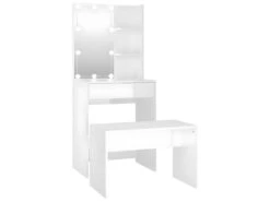 Ensemble De Coiffeuse Design Avec Led 60 X 40 X 140 Cm Bois D'ingénierie Blanc Brillant 02_0006308