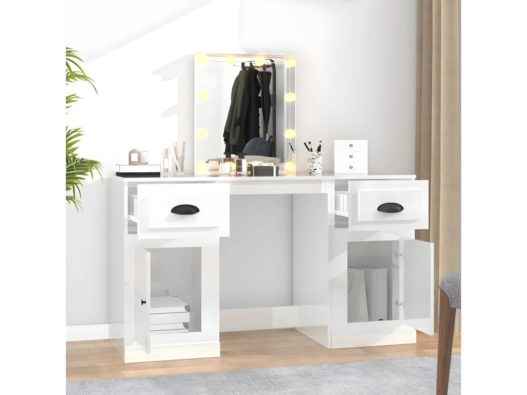 Coiffeuse Avec LED Blanc Brillant 130x50x132,5 Cm 3 Coiffeuse Avec LED Blanc Brillant 130x50x132,5 Cm – Image 3