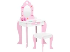 Coiffeuse Enfant Design Girly Motif Coeur - Tiroir, Miroir, Tabouret Inclus - MDF - Blanc Rose