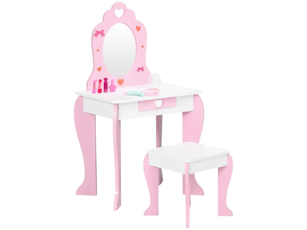 Coiffeuse Enfant Design Girly Motif Coeur - Tiroir, Miroir, Tabouret Inclus - MDF - Blanc Rose 1 Coiffeuse Enfant Design Girly Motif Coeur - Tiroir, Miroir, Tabouret Inclus - MDF - Blanc Rose
